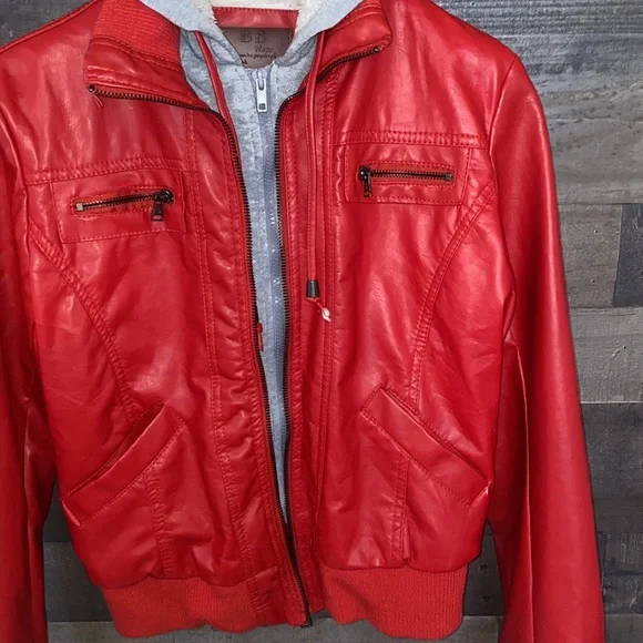 Fun Red BB Winter Jacket with Gray Sweatshirt Hood - Picture 5 of 8